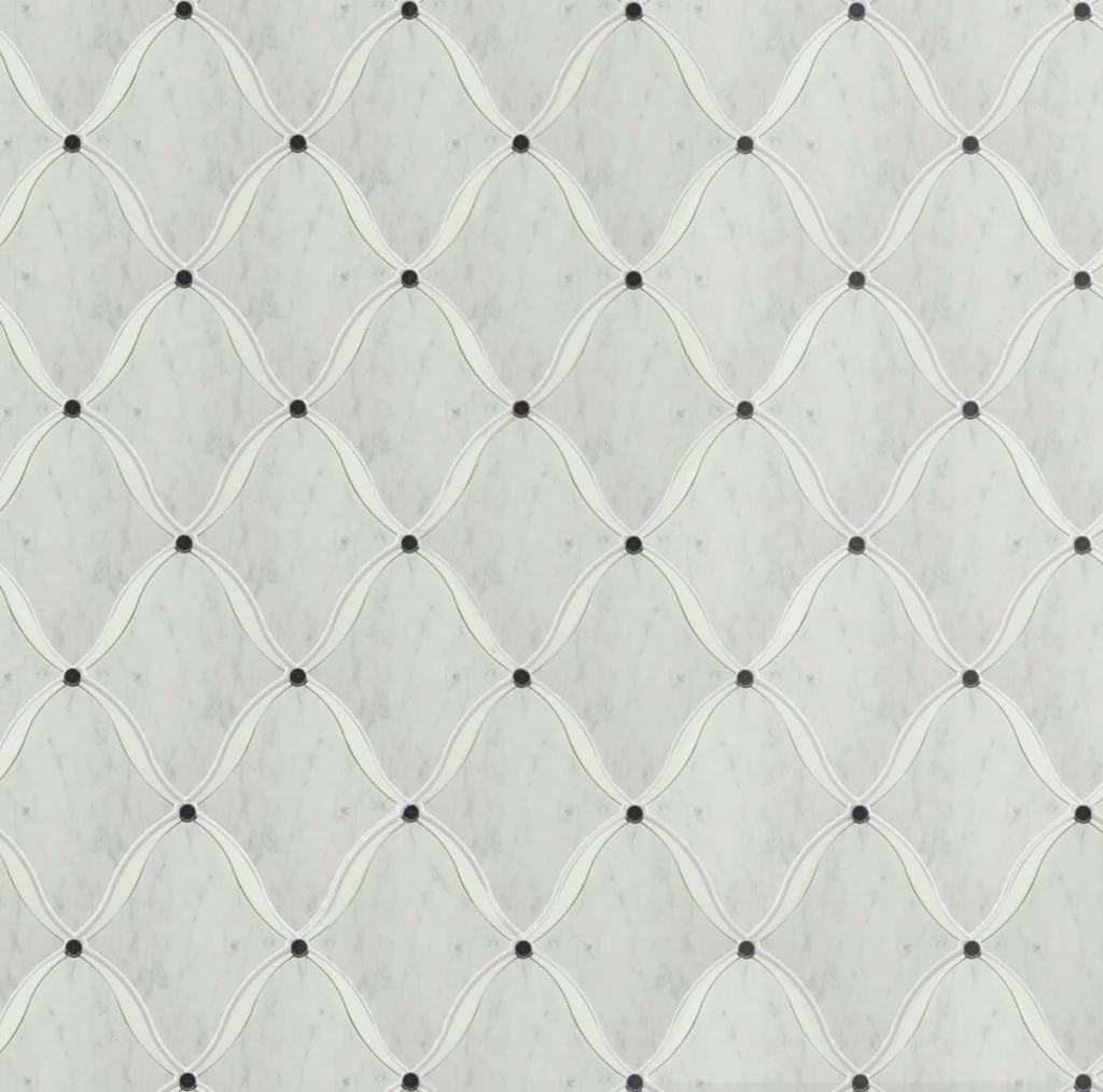 marble mosaic tile with curved white lines and black circle intersections