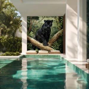 Mosaic mural of a black panther on a tree branch set in a lush jungle, adding strength, elegance, and drama to a luxury poolside setting.