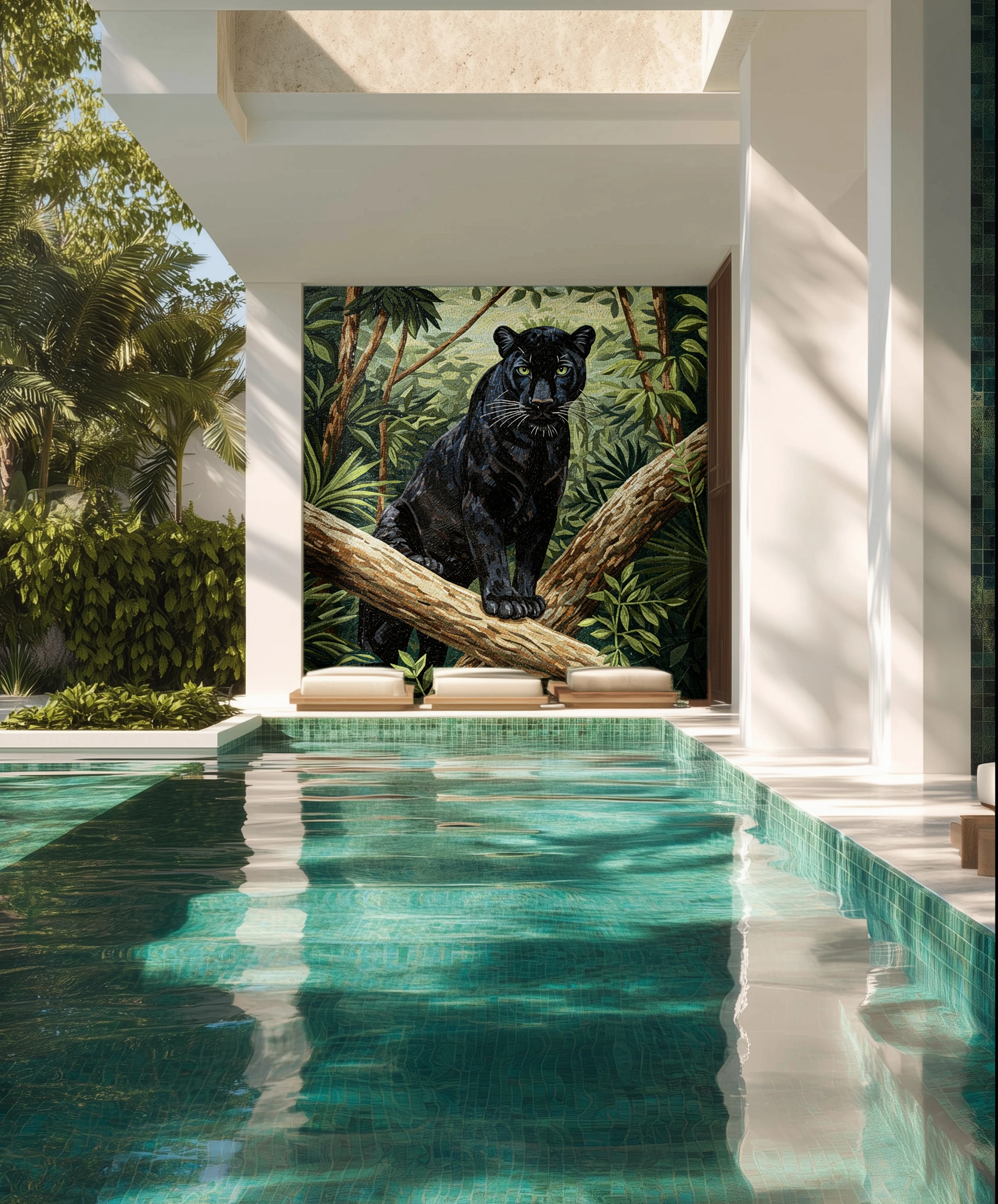 Mosaic mural of a black panther on a tree branch set in a lush jungle, adding strength, elegance, and drama to a luxury poolside setting.