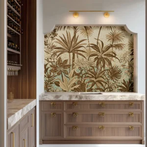 Sepia-toned tropical mosaic mural featuring palm leaves and lush foliage, blending vintage charm with natural elegance in a refined interior.