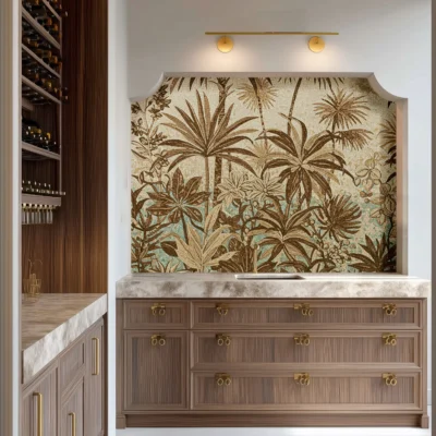 Sepia-toned tropical mosaic mural featuring palm leaves and lush foliage, blending vintage charm with natural elegance in a refined interior.