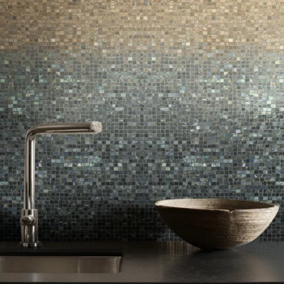 Metallic bronze and grey mosaic wall reflecting light in a kitchen backsplash, adding warmth and a modern earthy touch.