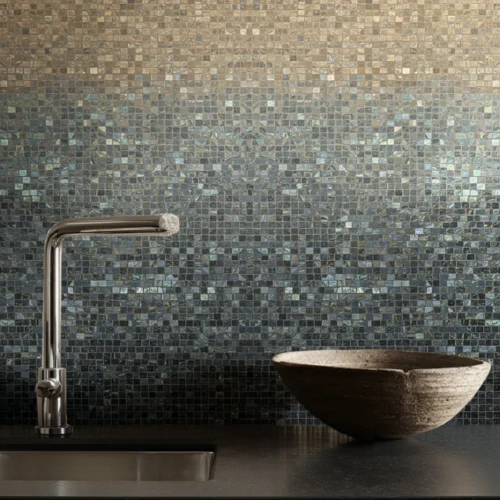 Metallic bronze and grey mosaic wall reflecting light in a kitchen backsplash, adding warmth and a modern earthy touch.