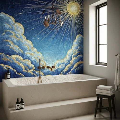 Mosaic mural of golden sun and radiant clouds on a deep blue sky, adding celestial beauty and serenity to a luxury bathroom interior.