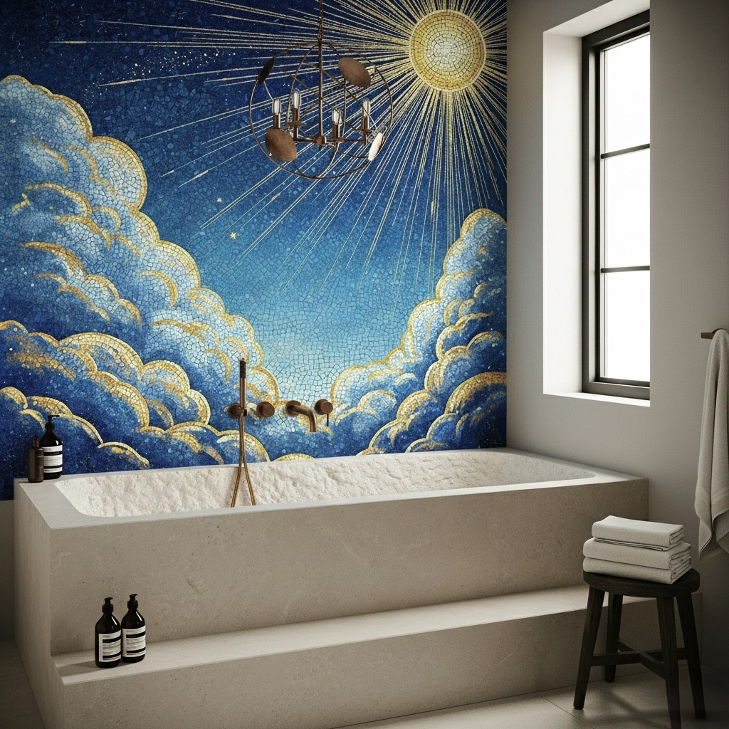 Mosaic mural of golden sun and radiant clouds on a deep blue sky, adding celestial beauty and serenity to a luxury bathroom interior.