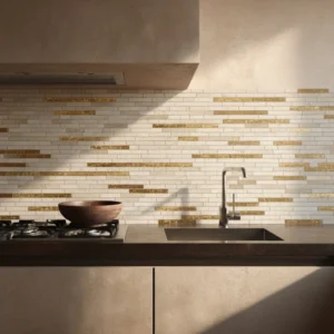 Ivory and gold mosaic backsplash with soft champagne hues, adding refined warmth and luxury to a modern, minimalist kitchen.