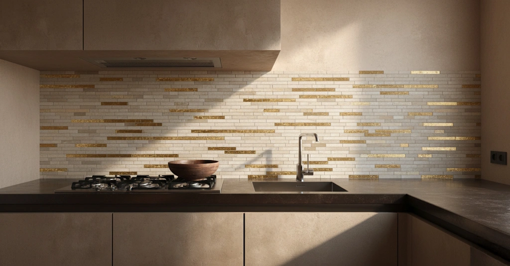 Ivory and gold mosaic backsplash with soft champagne hues, adding refined warmth and luxury to a modern, minimalist kitchen.