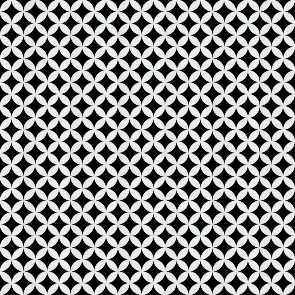 monochrome mosaic featuring circular petal shapes in black and white