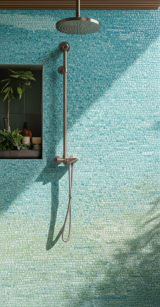 Seafoam green and aqua mosaic tiles in a shower wall reflecting sunlight, creating a serene coastal-inspired spa setting.