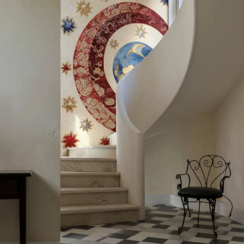 Gold, red, and blue celestial mosaic featuring stars and circular arcs, bringing cosmic elegance to a modern interior staircase.