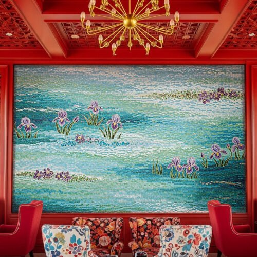 Mosaic mural of a tranquil water garden with purple irises and blossoms on blue-green waters, adding serenity and elegance to an interior wall.