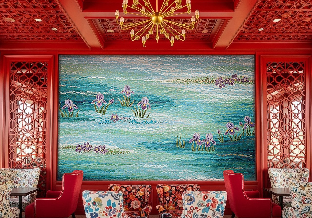 Mosaic mural of a tranquil water garden with purple irises and blossoms on blue-green waters, adding serenity and elegance to an interior wall.