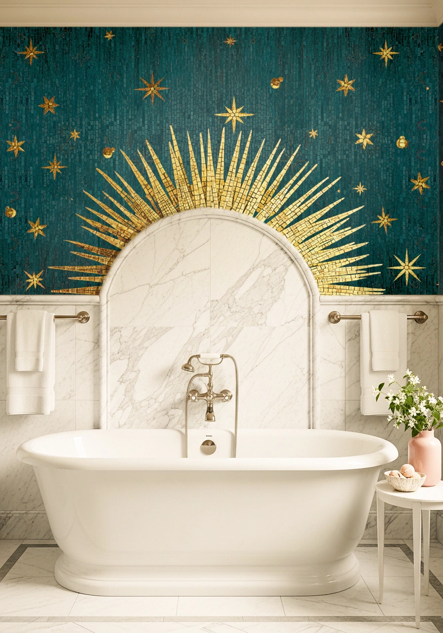 Mosaic mural of golden sunrays and swirling clouds in an arched niche, blending celestial elegance with refined architectural detail.