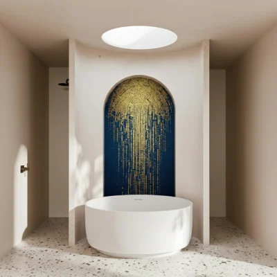 Mosaic mural of cascading golden rays against a deep blue backdrop in an arched niche, adding radiance and serenity to a luxury bathing space.