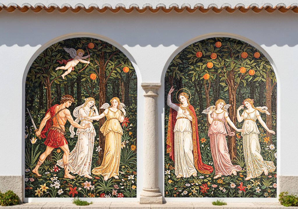 Two adjacent arched mosaic murals set into a white stucco wall, separated by a light stone column.