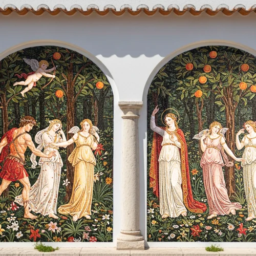 Two adjacent arched mosaic murals set into a white stucco wall, separated by a light stone column.