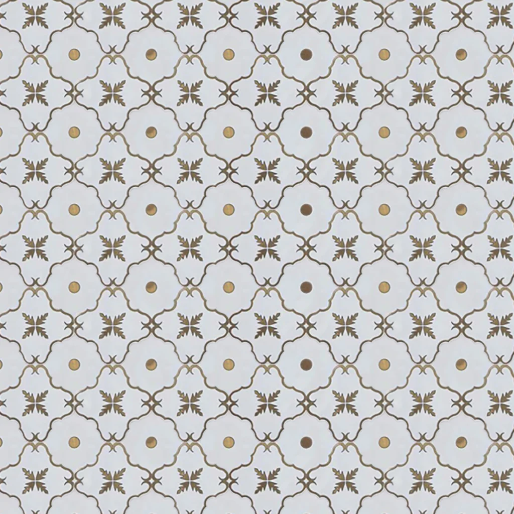 Premium marble mosaic featuring intricate white arabesque shapes outlined with gold for modern and classic architectural interiors.