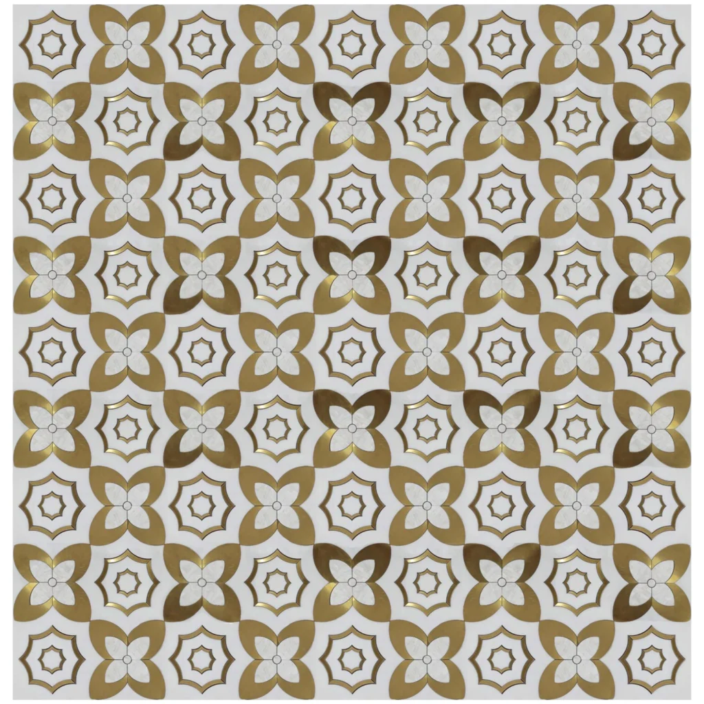 marble mosaic tile featuring floral and starburst patterns in gold tones ideal for luxury interior wall and floor design.