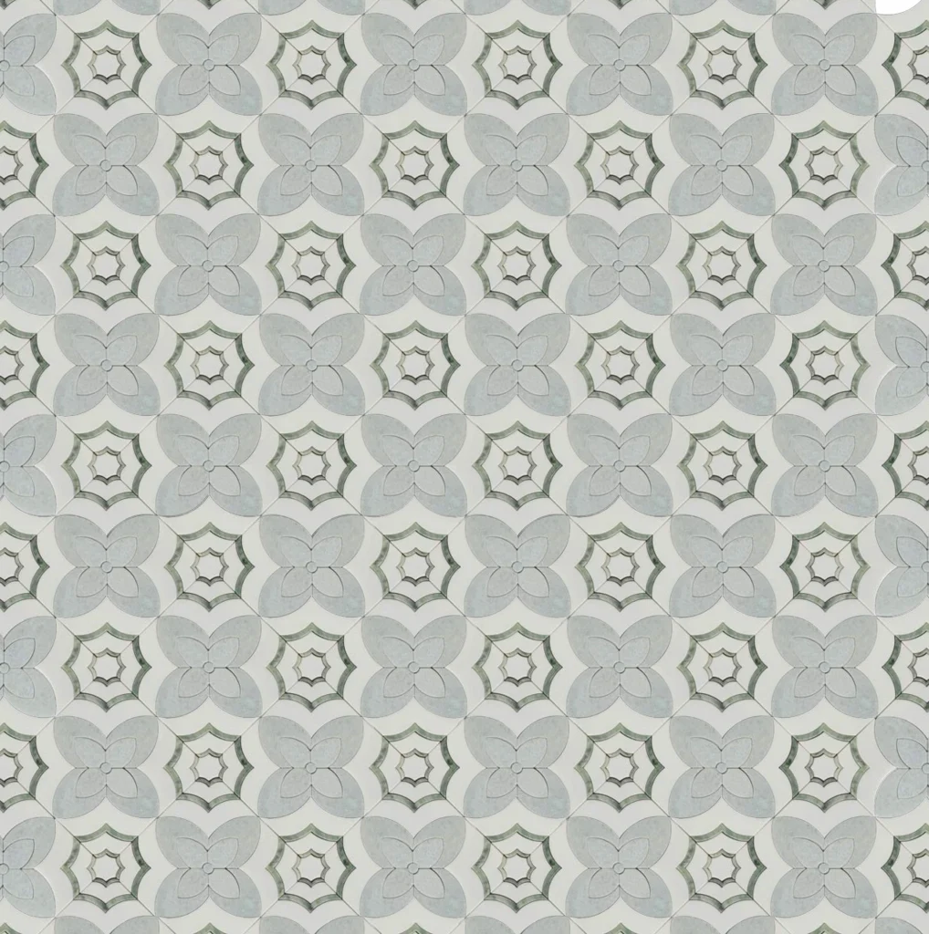 floral mosaic tile crafted in grey marble with green accents for stylish modern interiors and wall decor.