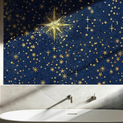 Mosaic mural of golden stars on a deep blue sky, creating a celestial and serene atmosphere in a luxury bathroom.