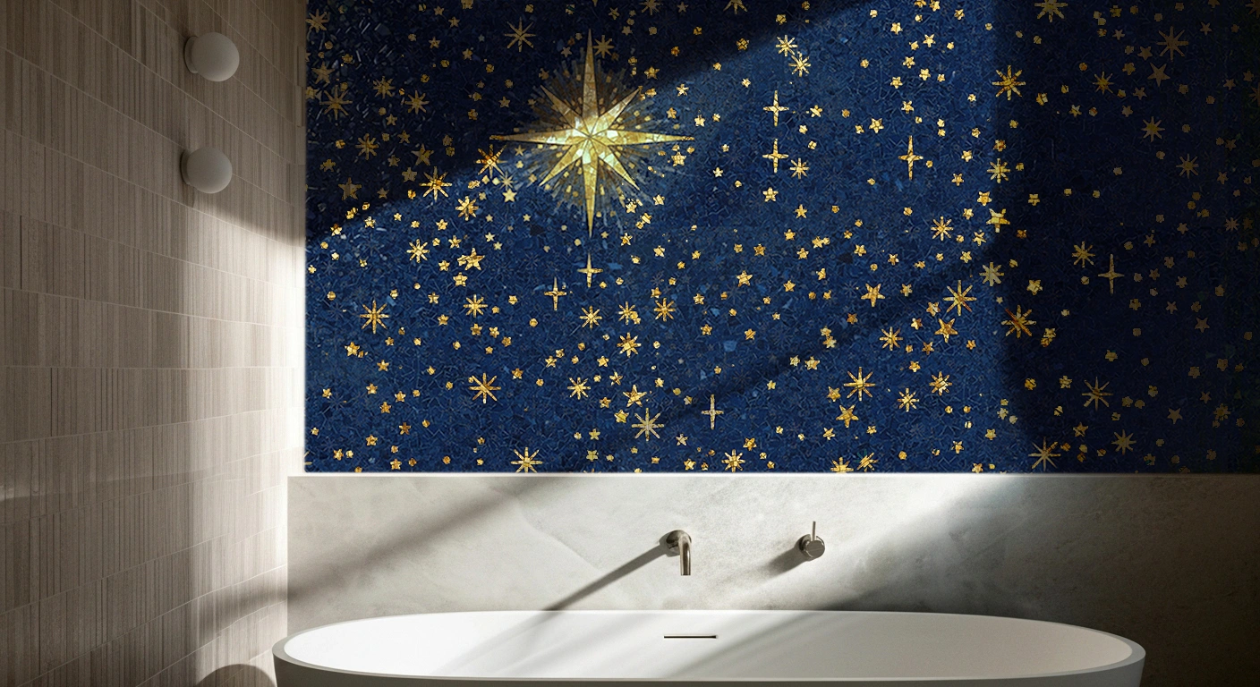 Mosaic mural of golden stars on a deep blue sky, creating a celestial and serene atmosphere in a luxury bathroom.