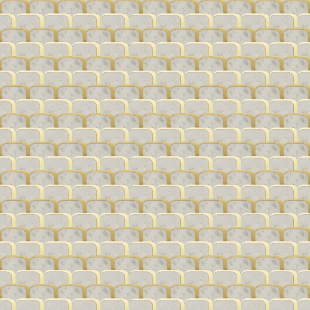fan-shaped white marble mosaic tile outlined in gold offering elegance