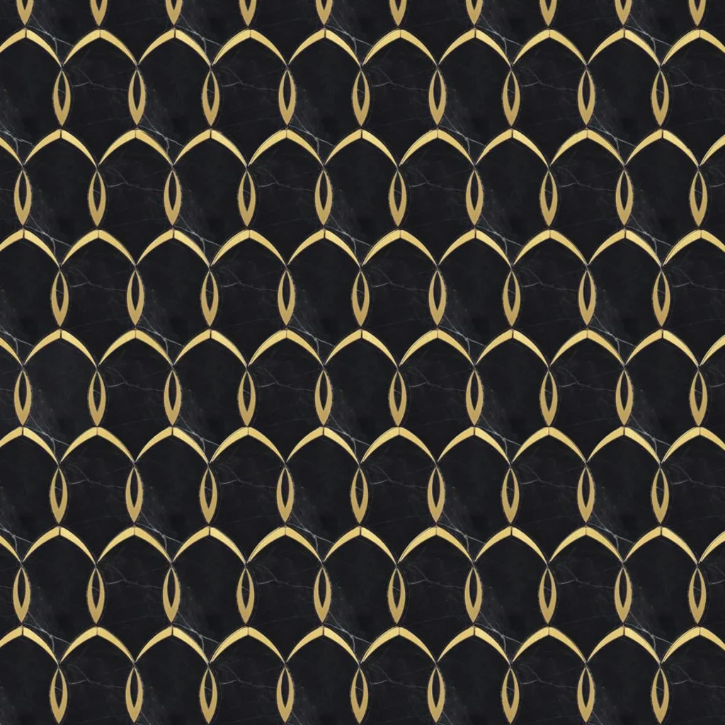 Premium marble mosaic tile with overlapping gold arches on a black base perfect for luxury modern architecture.