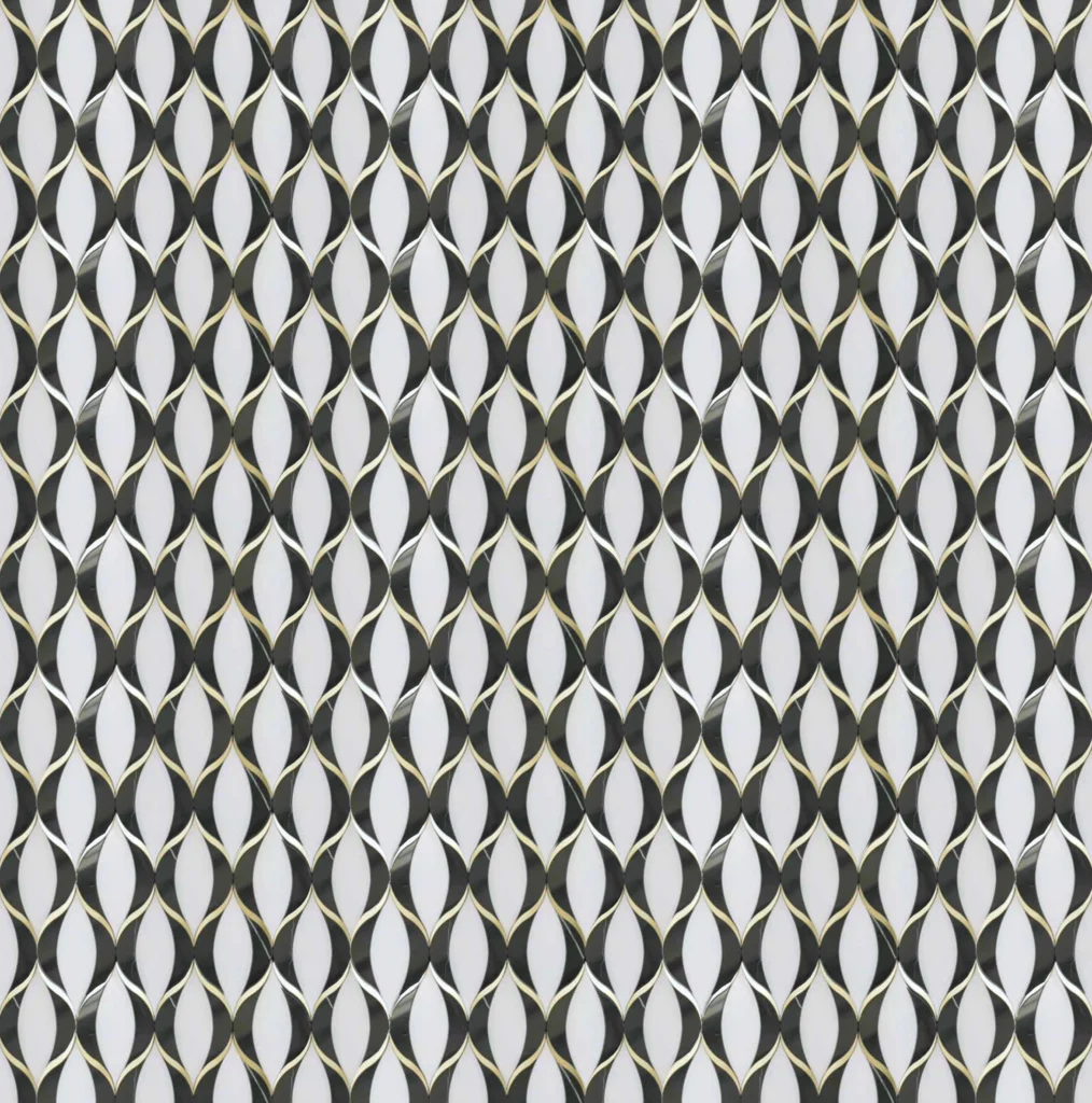marble mosaic with gold and black accents forming elegant teardrop shapes for sophisticated interior decor.