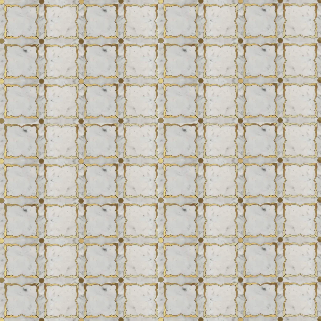 Luxury white marble mosaic tile bordered with gold details for high-end residential and commercial architectural spaces.