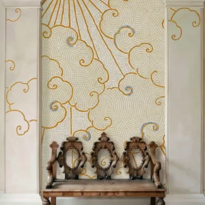 Mosaic mural of golden sunrays and swirling clouds in an arched niche, blending celestial elegance with refined architectural detail.