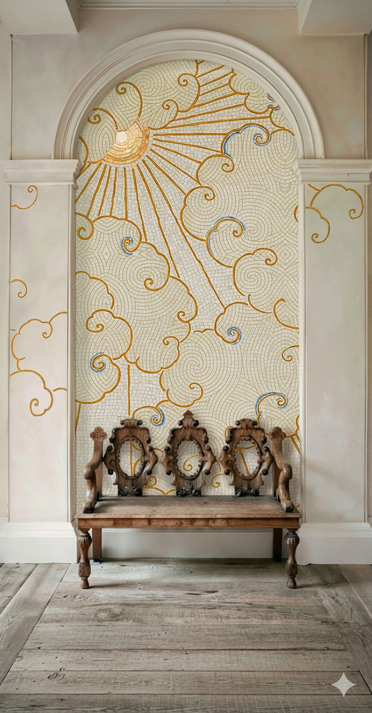 Mosaic mural of golden sunrays and swirling clouds in an arched niche, blending celestial elegance with refined architectural detail.