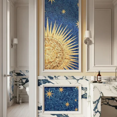 Mosaic panel of a golden sunburst with stars on a deep blue background, framed in a luxury bathroom for a refined celestial statement.