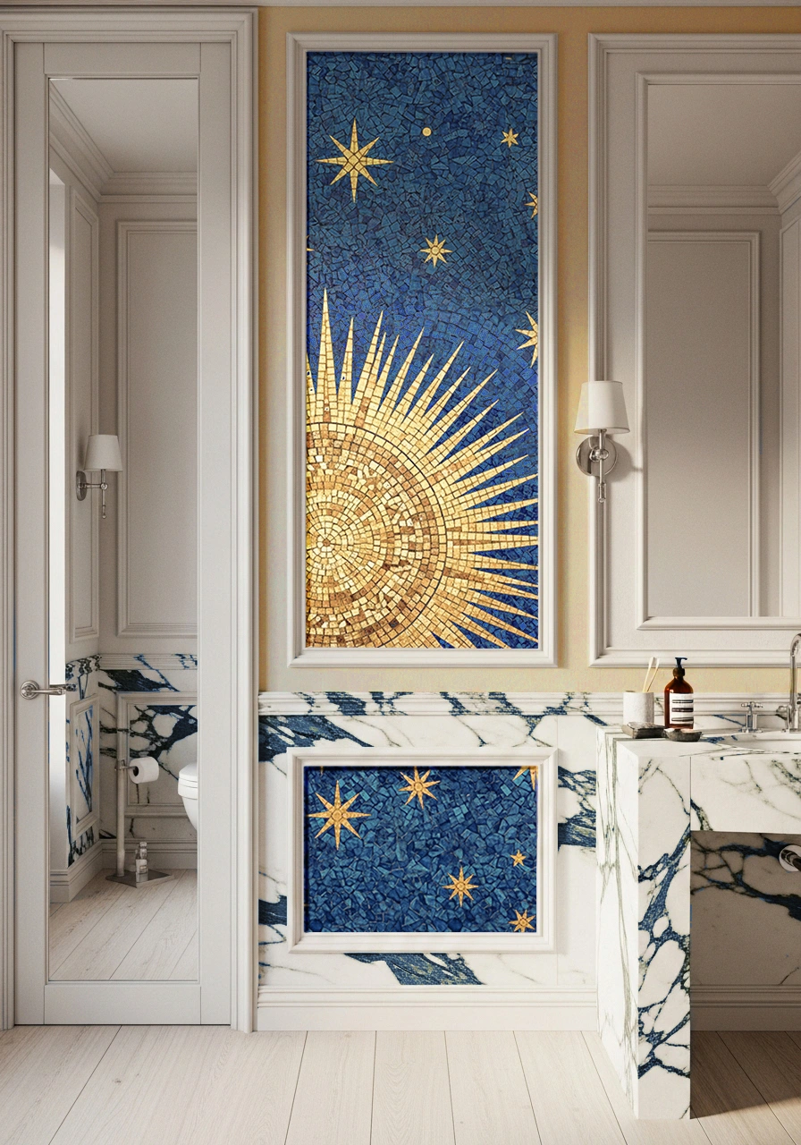 Mosaic panel of a golden sunburst with stars on a deep blue background, framed in a luxury bathroom for a refined celestial statement.