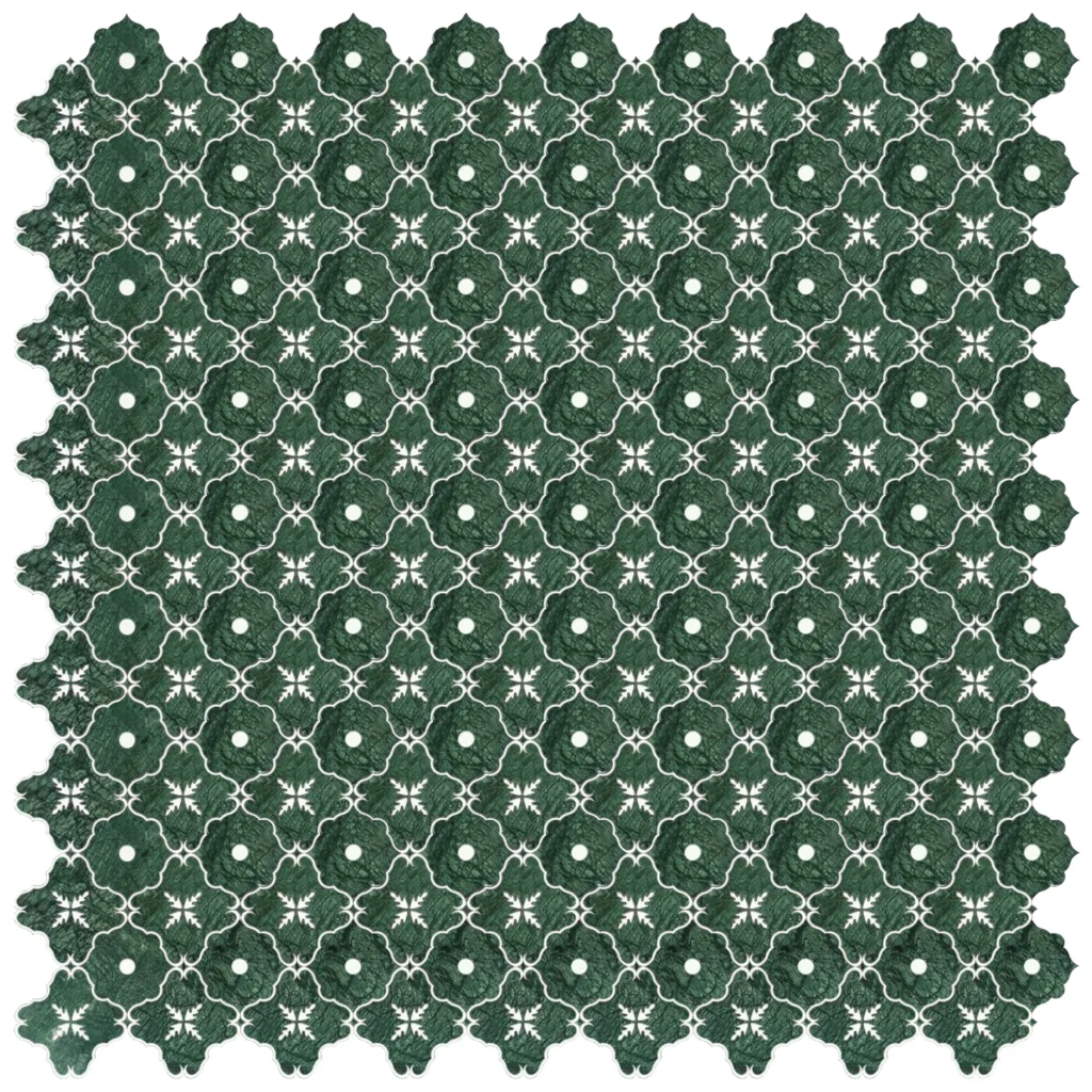 Premium emerald green mosaic tile with a floral motif, ideal for modern homes, spa areas, or kitchens seeking a natural, elegant aesthetic.