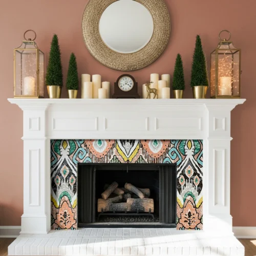 Colorful mosaic fireplace design with bohemian-inspired patterns in teal, coral, and gold, creating a vibrant and stylish interior focal point.