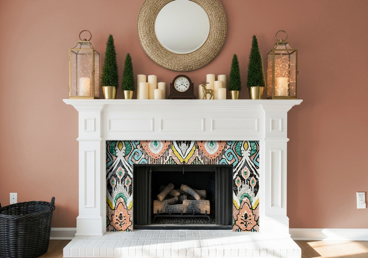 Colorful mosaic fireplace design with bohemian-inspired patterns in teal, coral, and gold, creating a vibrant and stylish interior focal point.