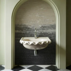 Warm beige and grey gradient mosaic wall in arched alcove, creating a serene and natural focal point with refined craftsmanship.