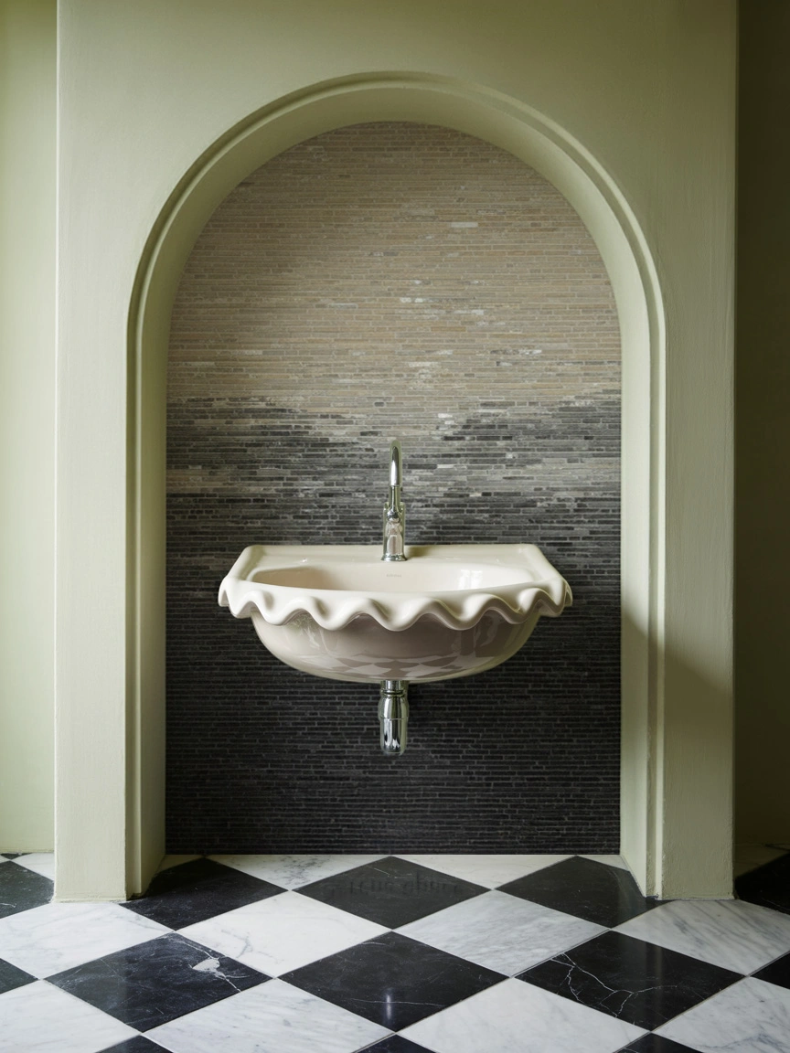 Warm beige and grey gradient mosaic wall in arched alcove, creating a serene and natural focal point with refined craftsmanship.