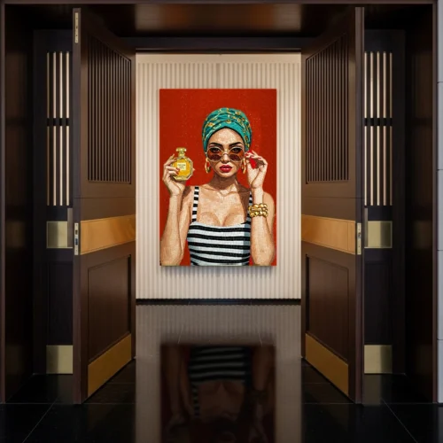 Mosaic portrait of a glamorous woman in striped attire with sunglasses and gold jewelry, set against a red background, symbolizing style and modern elegance.