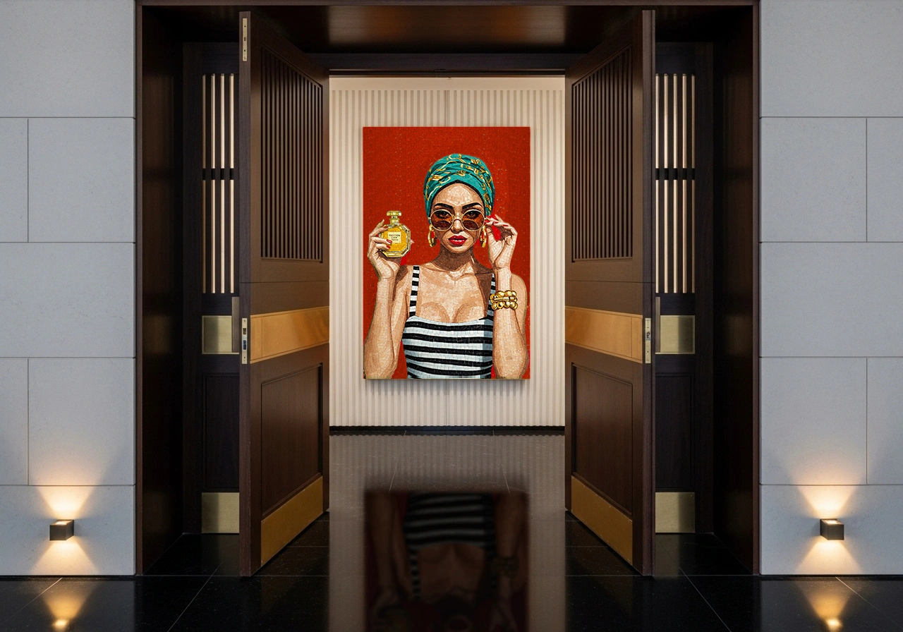 Mosaic portrait of a glamorous woman in striped attire with sunglasses and gold jewelry, set against a red background, symbolizing style and modern elegance.