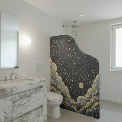 Bathroom shower divider with a mosaic of golden stars, moon, and clouds on a dark background, blending celestial artistry with practical function.