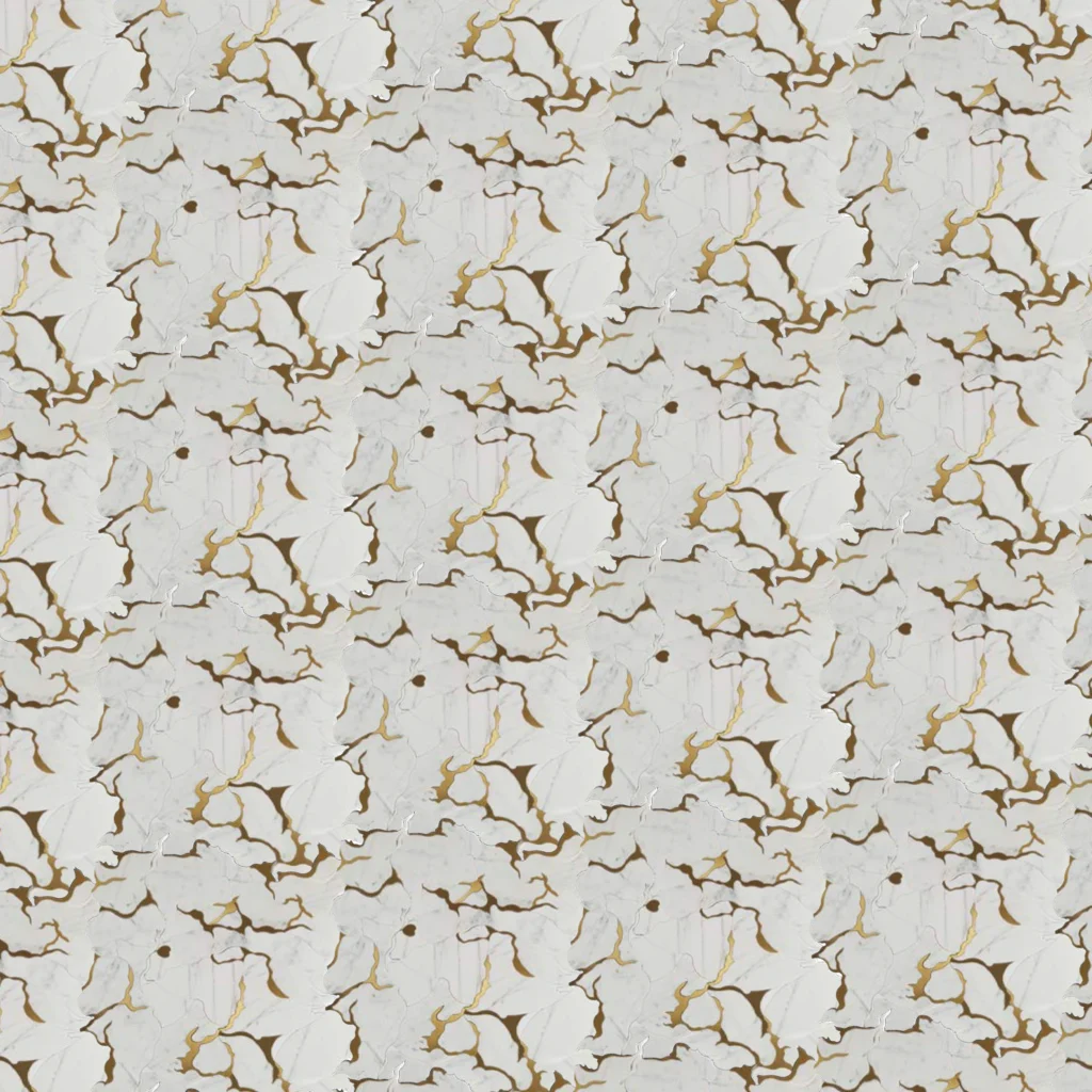 Modern abstract marble mosaic featuring white and gray tones with gold accents for high-end walls and feature designs.