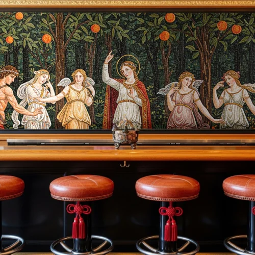 Renaissance-inspired mosaic mural depicting mythological figures in a lush orchard, symbolizing harmony, beauty, and divine elegance.