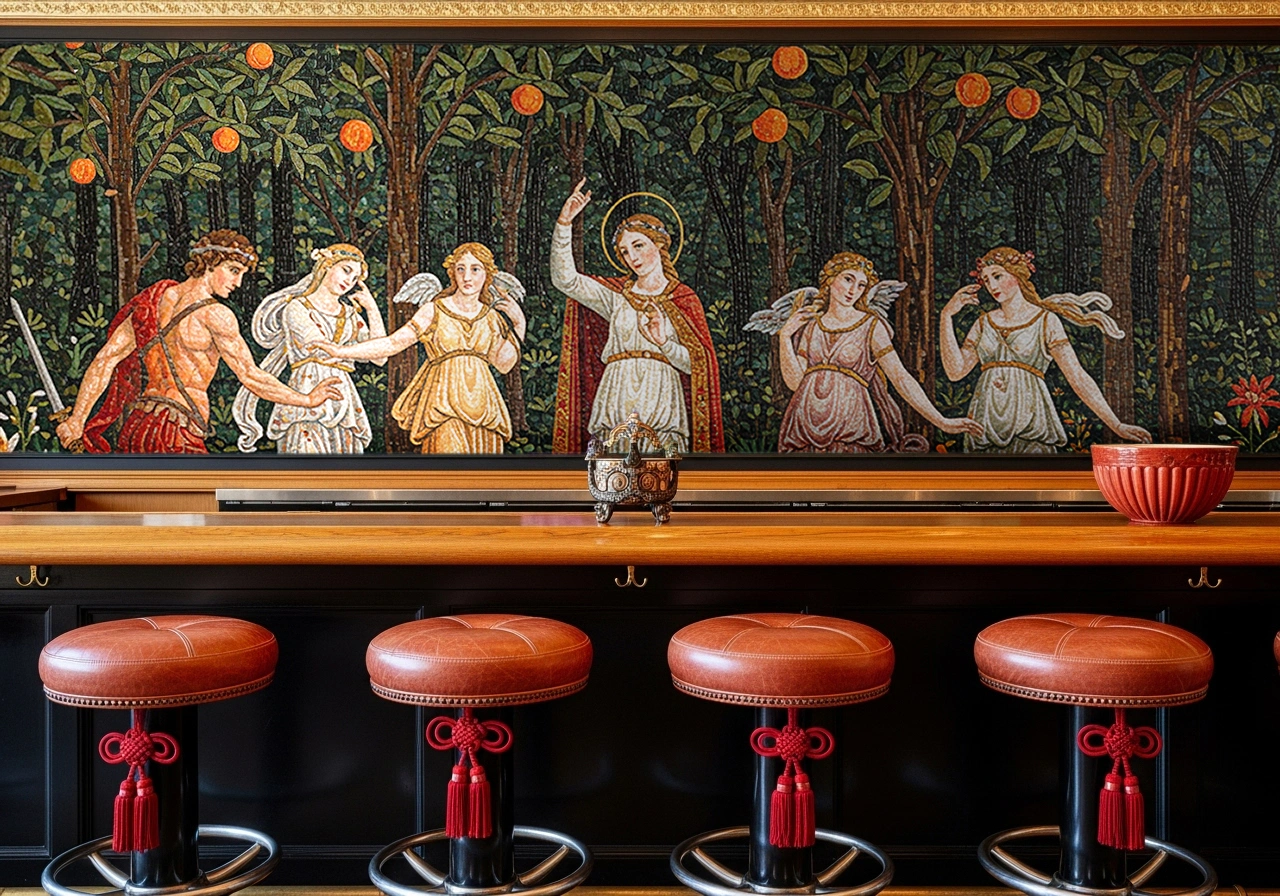 Renaissance-inspired mosaic mural depicting mythological figures in a lush orchard, symbolizing harmony, beauty, and divine elegance.