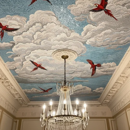 Ceiling mosaic with clouds and red parrots in flight, combining natural beauty and fine craftsmanship in a luxurious artistic design.