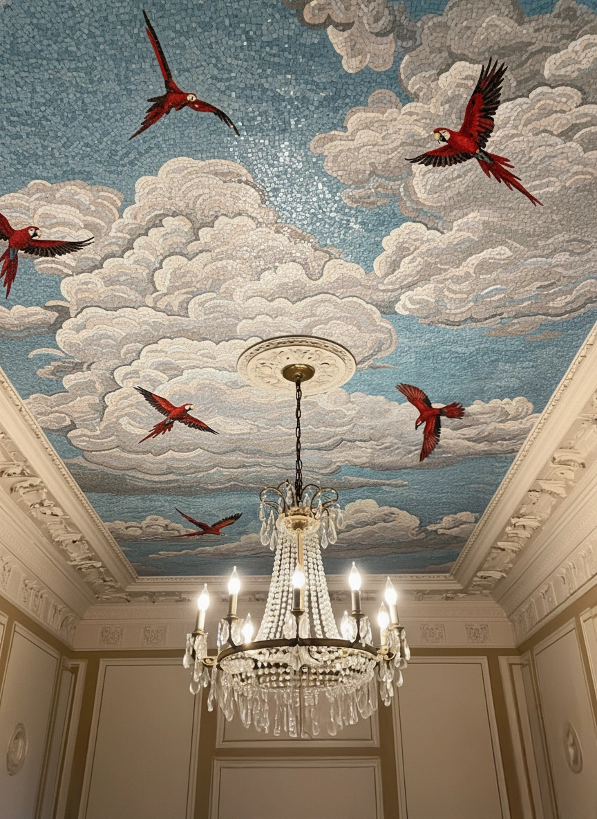 Ceiling mosaic with clouds and red parrots in flight, combining natural beauty and fine craftsmanship in a luxurious artistic design.