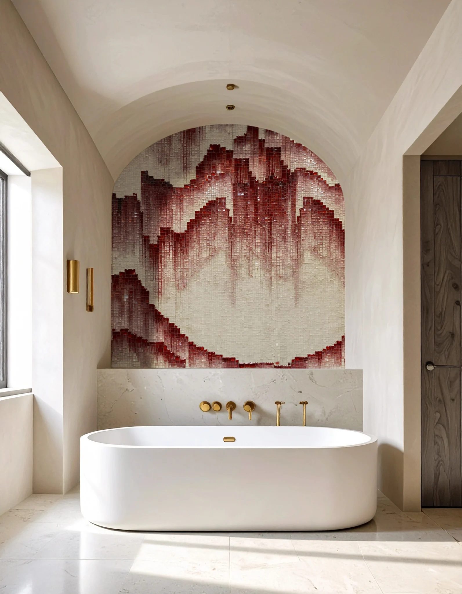 Blush and crimson gradient mosaic wall behind bathtub, blending light and warmth to create an artistic and serene bathroom feature.