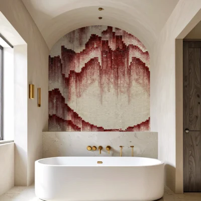 Blush and crimson gradient mosaic wall behind bathtub, blending light and warmth to create an artistic and serene bathroom feature.