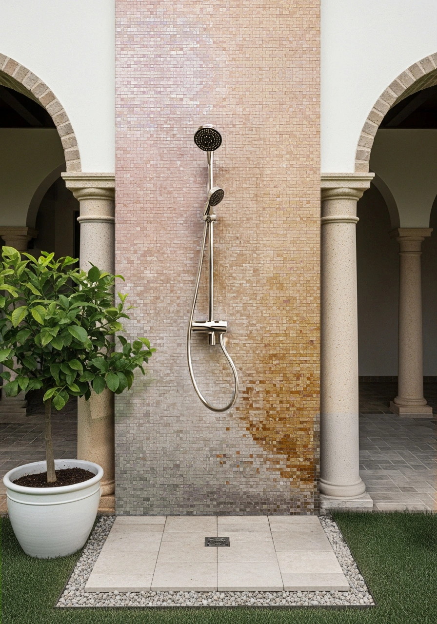 Beige and gold mosaic wall inspired by sandstone textures, bringing natural warmth and minimal elegance to an outdoor shower area.
