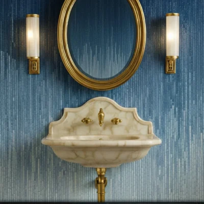 Sapphire blue mosaic wall fading to light blue behind gold mirror and marble sink, adding elegance and calm to a refined interior.